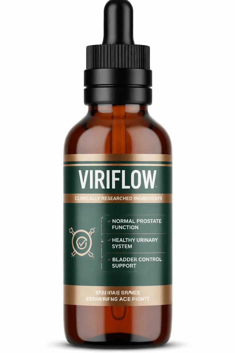 “ViriFlow prostate health supplement bottle supporting normal prostate function, healthy urinary system, and bladder control.”
